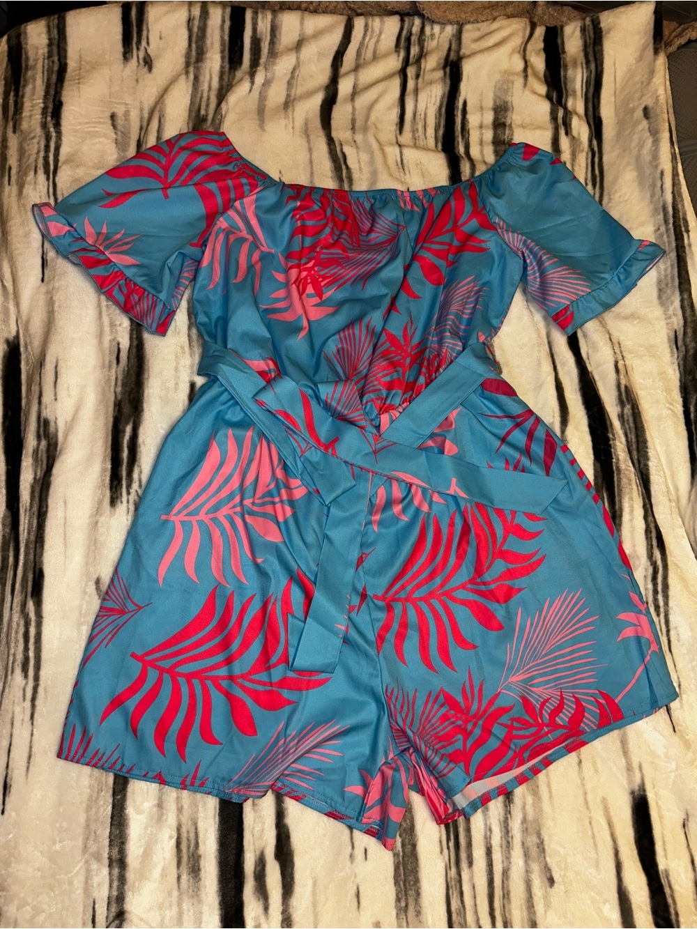 Blue Tropical Off-Shoulder Romper with Pink Leaf Print